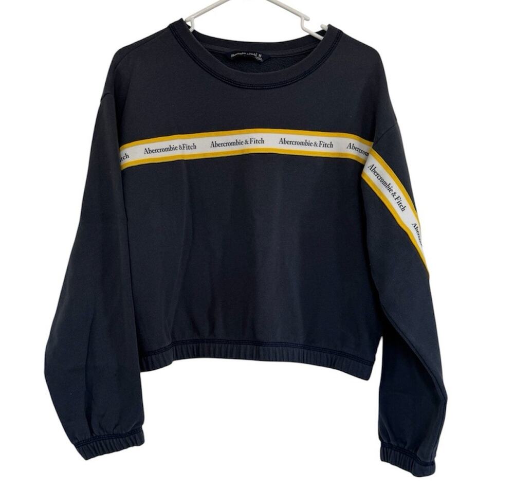 Abercrombie & Fitch Women’s Medium Cropped Sweatshirt Navy Logo Tape Pullover